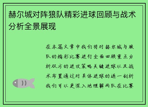 赫尔城对阵狼队精彩进球回顾与战术分析全景展现